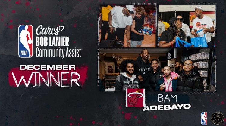 开云体育-官方：热火中锋阿德巴约获得十二月份鲍勃·兰尼尔社区关怀奖
